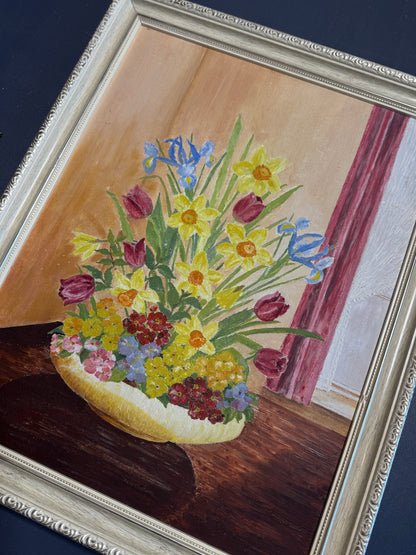 Vintage Floral Oil Painting in White Frame- Spring Blooms at Kilnwick