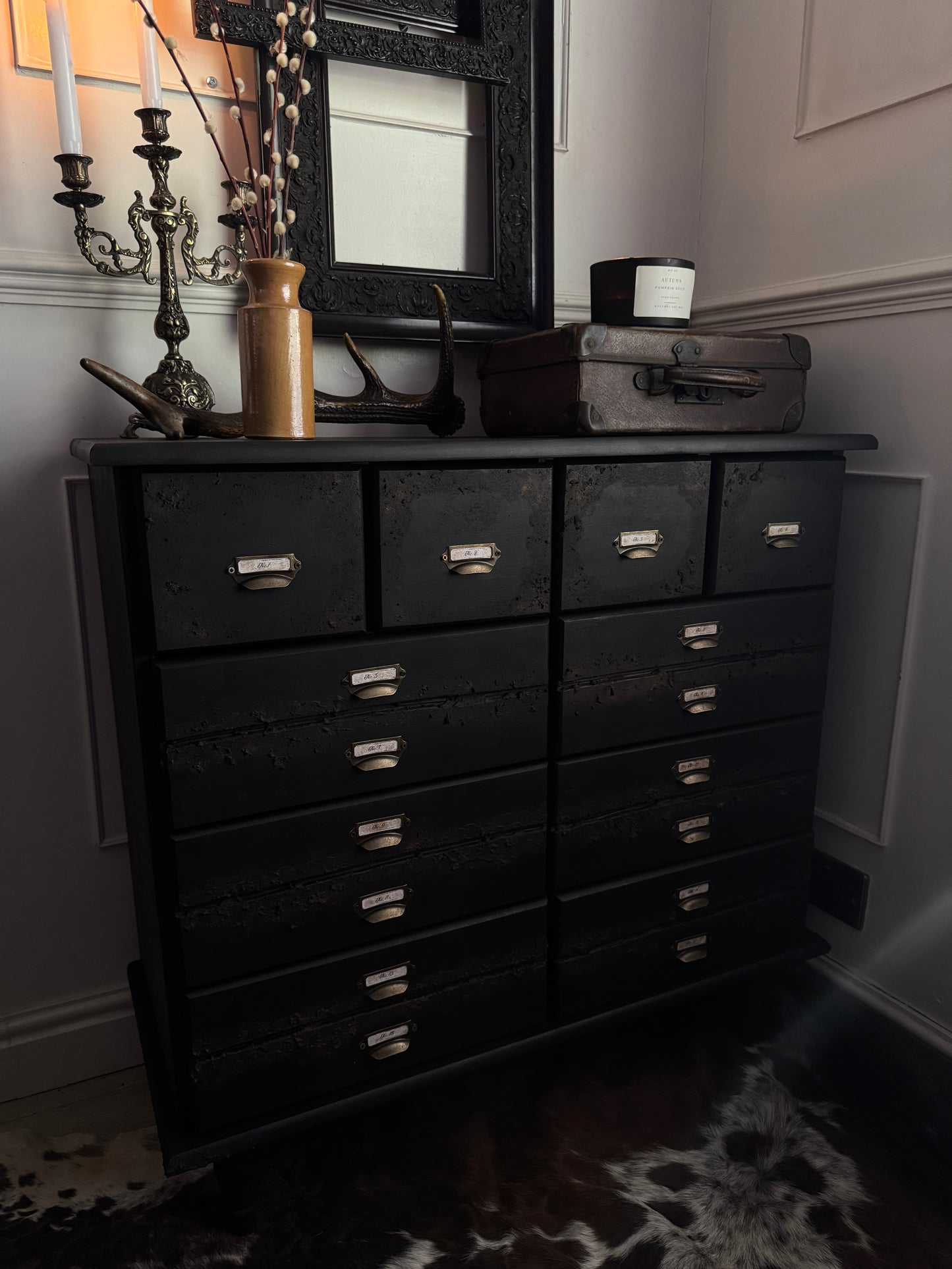 Black Apothecary Style Chest of Drawers |  Distressed Vintage Pine Dresser | | Rustic Storage Unit