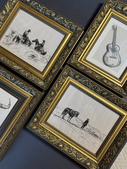 Vintage Texas Themed  Prints in Belvoir Ornate Gold Frames