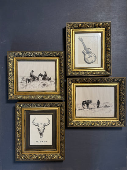 Vintage Texas Themed  Prints in Belvoir Ornate Gold Frames
