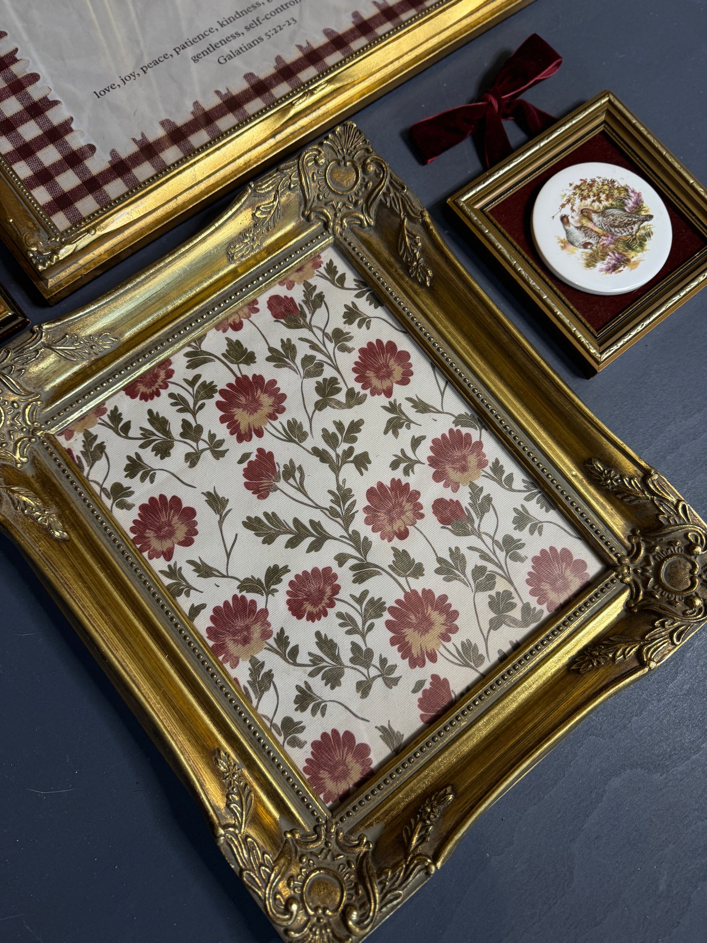 The Heritage Rouge Gallery -Gold Gilt Frames with Vintage Themed Prints , Mini Oil & English Ceramic