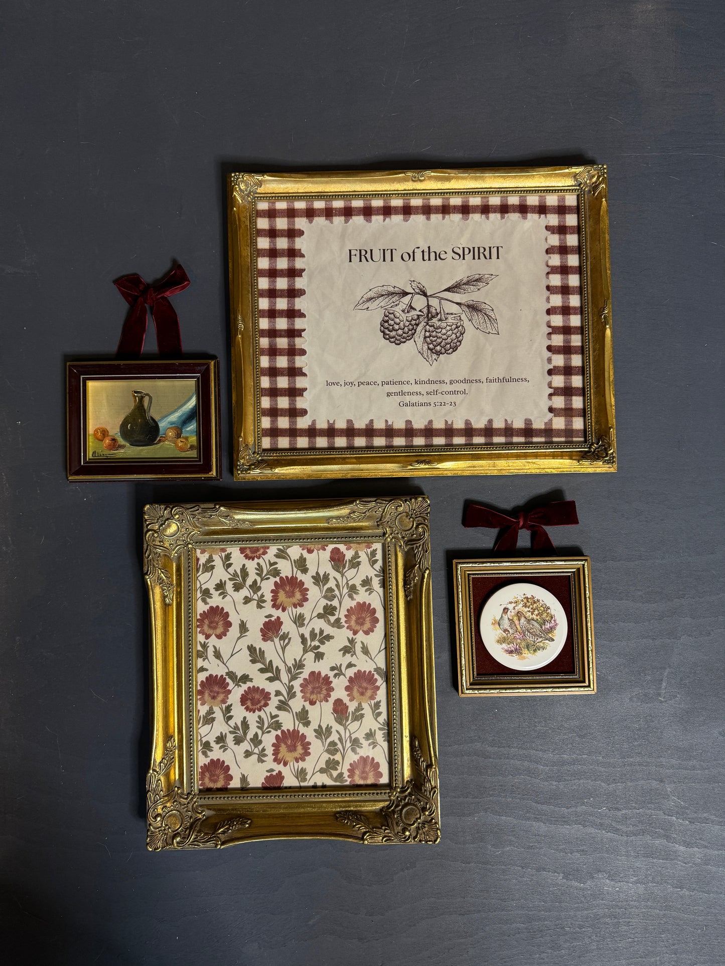 The Heritage Rouge Gallery -Gold Gilt Frames with Vintage Themed Prints , Mini Oil & English Ceramic