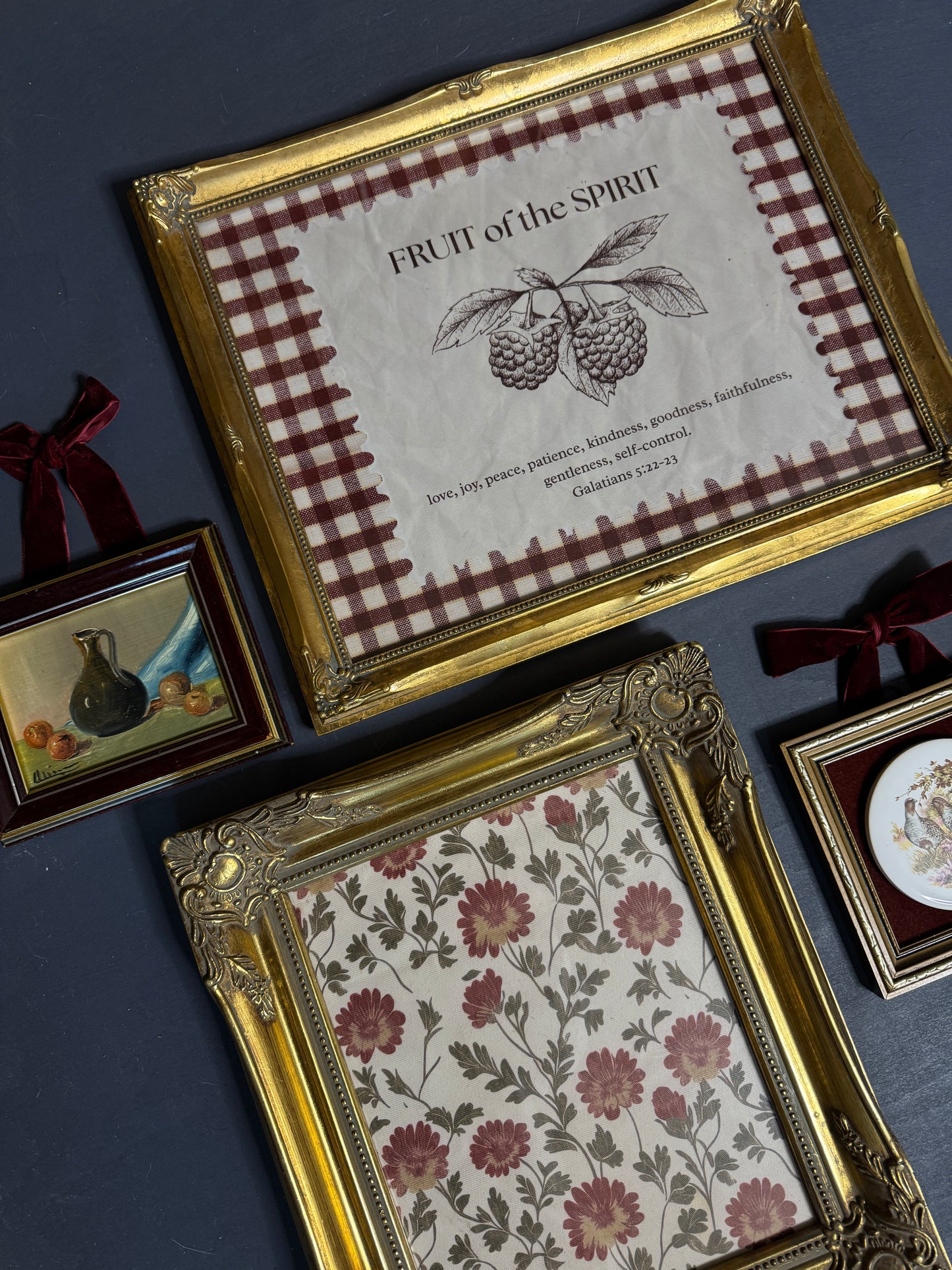 The Heritage Rouge Gallery -Gold Gilt Frames with Vintage Themed Prints , Mini Oil & English Ceramic