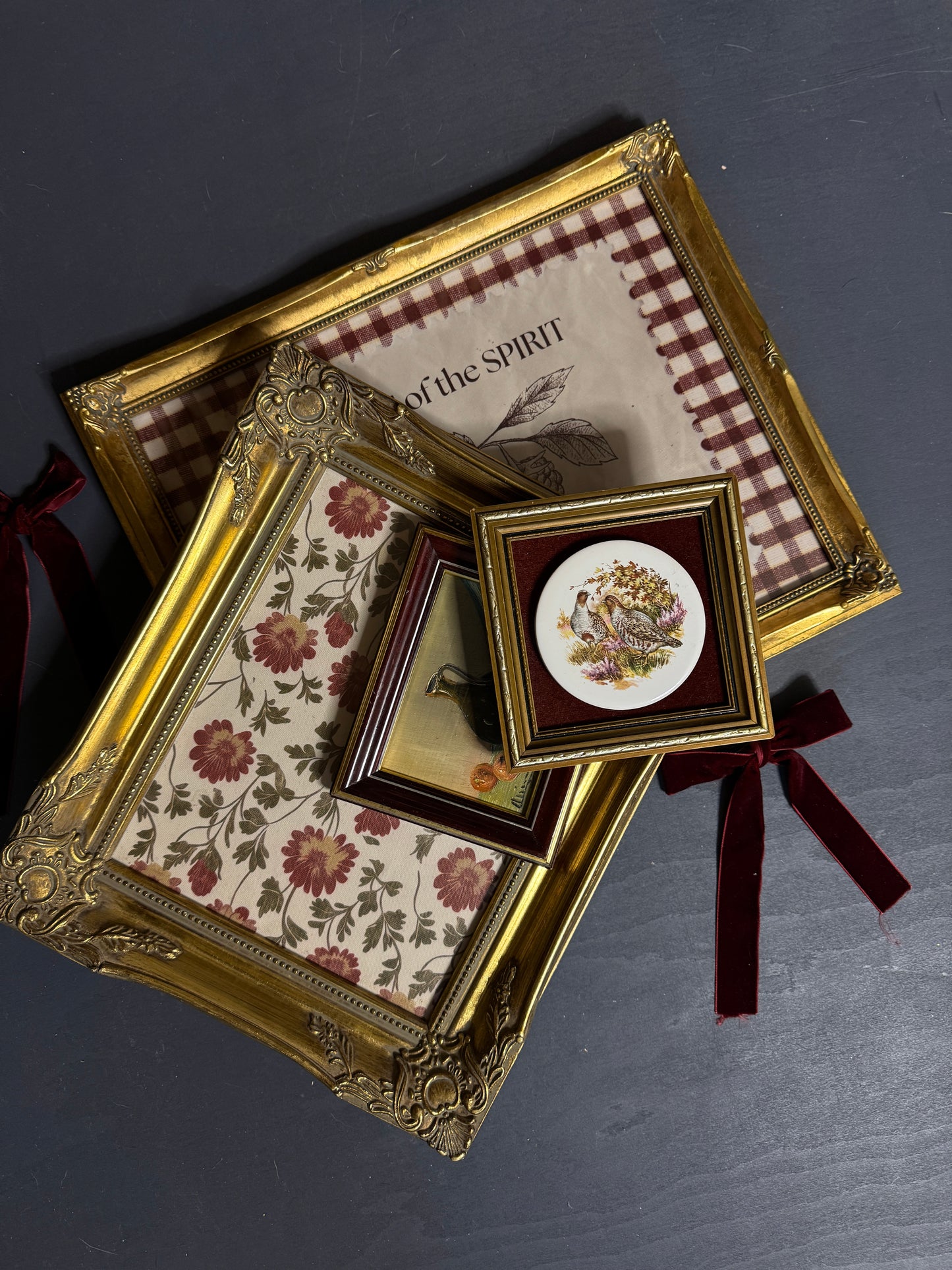 The Heritage Rouge Gallery -Gold Gilt Frames with Vintage Themed Prints , Mini Oil & English Ceramic