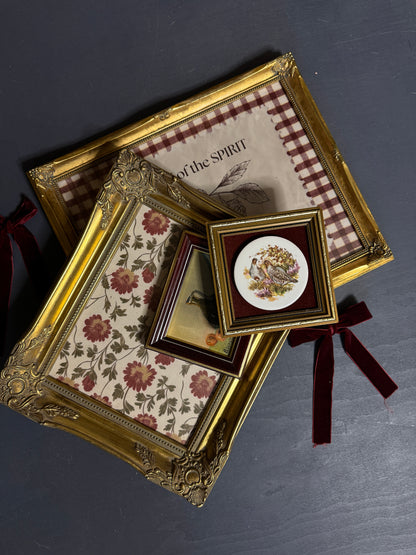 The Heritage Rouge Gallery -Gold Gilt Frames with Vintage Themed Prints , Mini Oil & English Ceramic