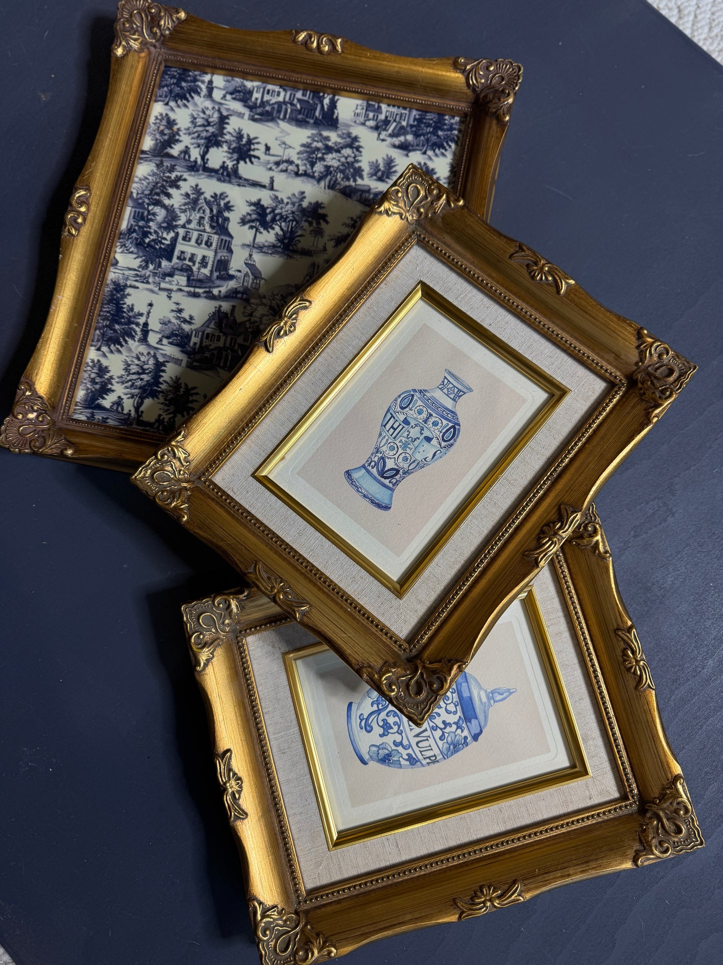 The Louis XV Toile Collection -Gold French Frames with Toile de Jouy Theme Print Set