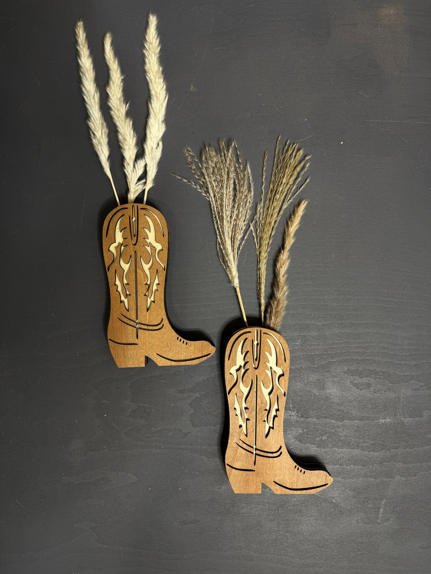 The Wild West Artisan Boot Set – Carved Wooden Sconce Pair with Florals