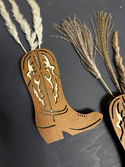 The Wild West Artisan Boot Set – Carved Wooden Sconce Pair with Florals