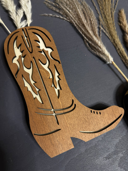 The Wild West Artisan Boot Set – Carved Wooden Sconce Pair with Florals