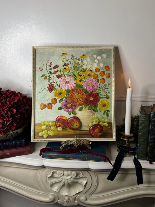 Elegant Vintage Floral Oil Painting in White Slim Frame