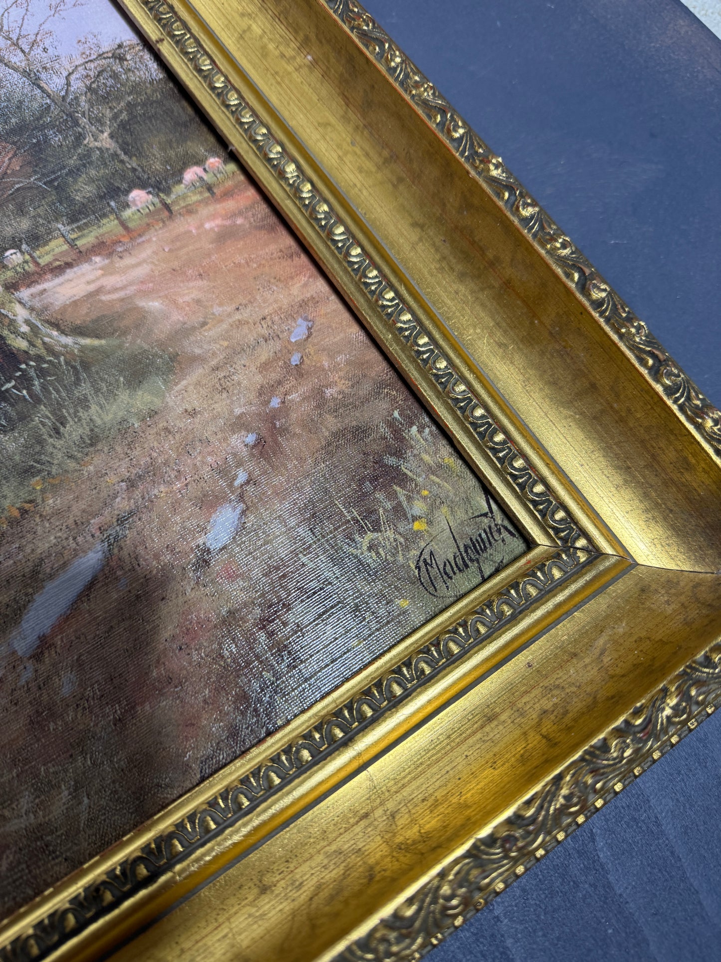 Large Antique Signed Print in a Gold Marbella Gilt Frame