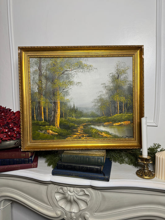 Vintage Lakeside Oil Painting by W. Johnson : Althemere Gilt Frame 61 x 50 cm