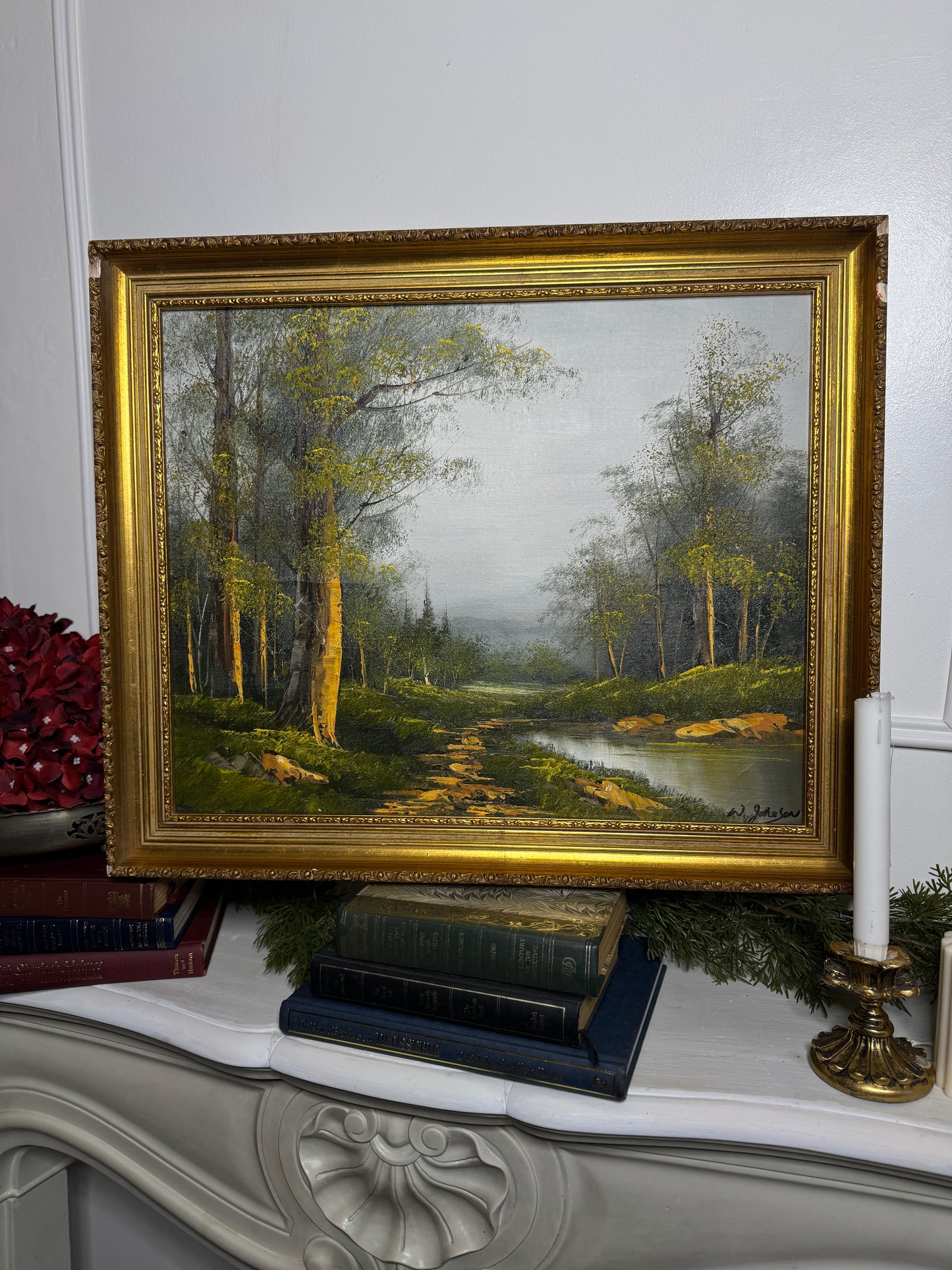 Vintage Lakeside Oil Painting by W. Johnson : Althemere Gilt Frame 61 x 50 cm