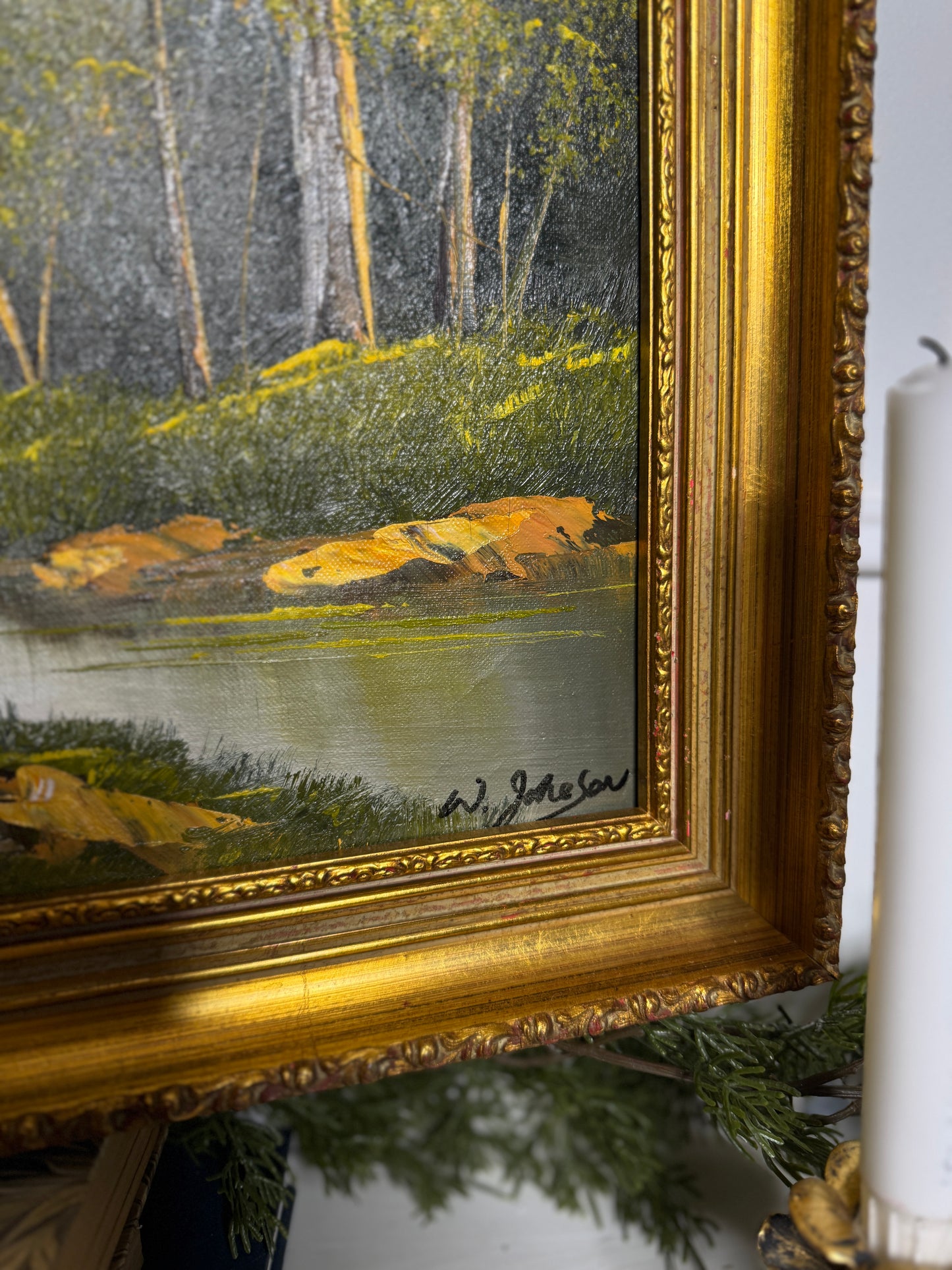 Vintage Lakeside Oil Painting by W. Johnson : Althemere Gilt Frame 61 x 50 cm
