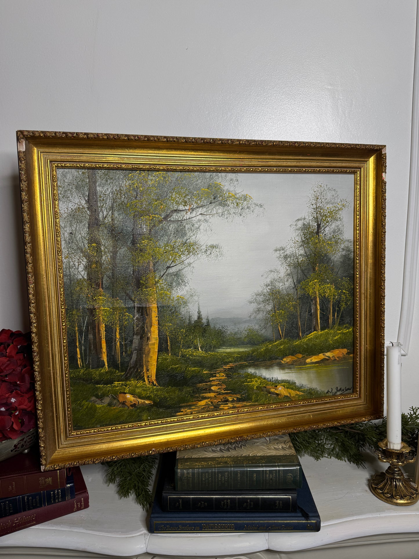Vintage Lakeside Oil Painting by W. Johnson : Althemere Gilt Frame 61 x 50 cm