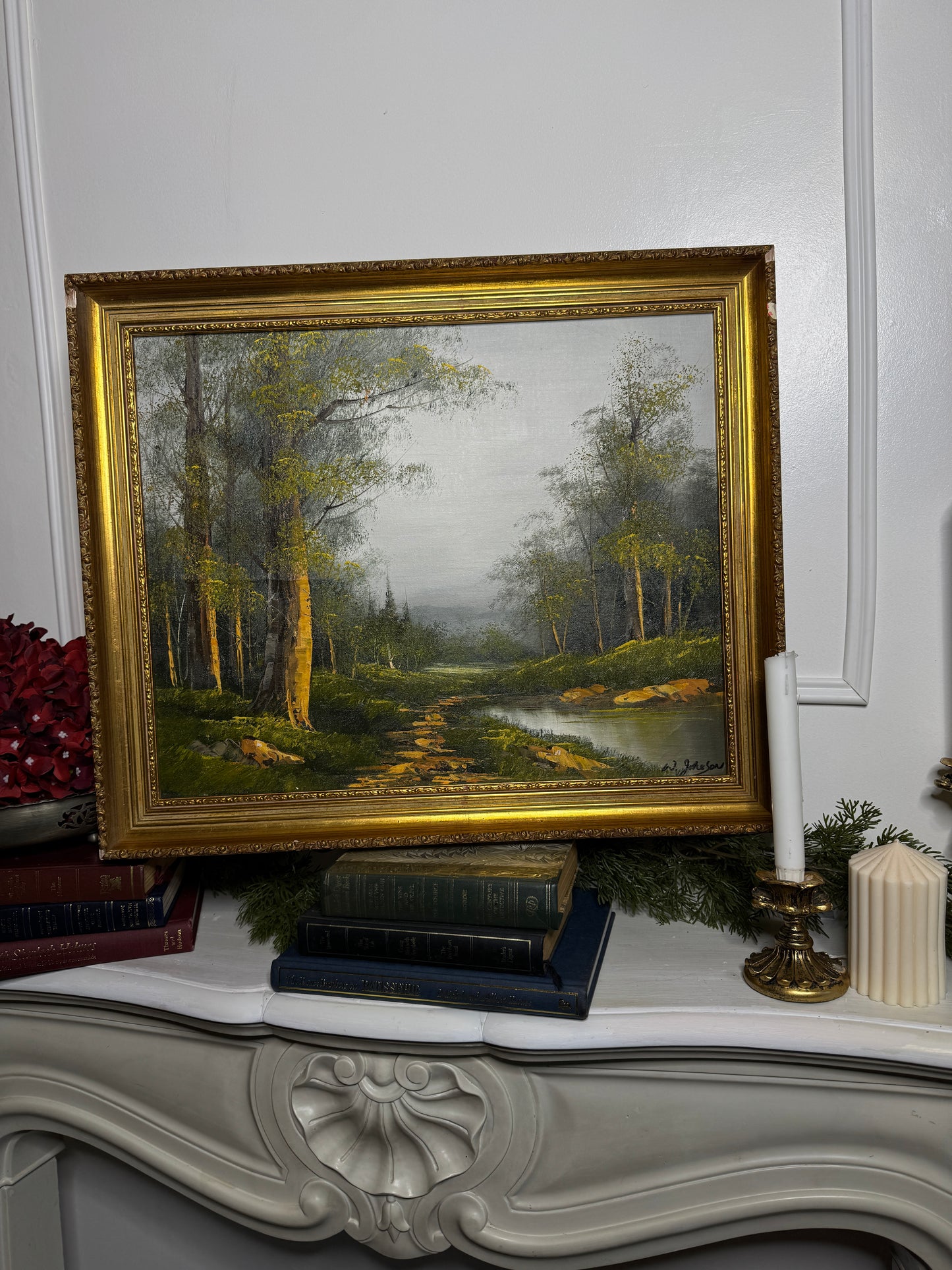 Vintage Lakeside Oil Painting by W. Johnson : Althemere Gilt Frame 61 x 50 cm