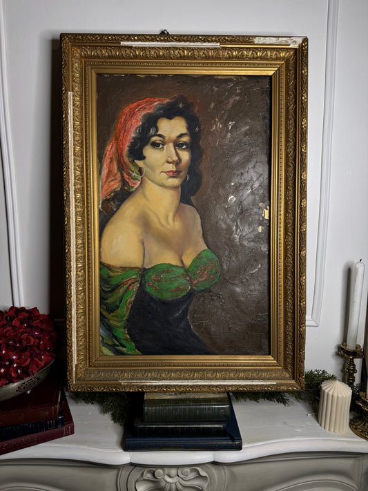 Vintage Large Portrait Oil of a Gypsy Girl : Ornate Thick Gold Rare Antique Picture Frame