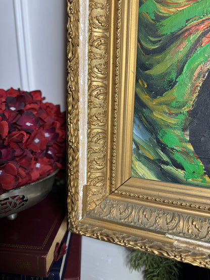 Vintage Large Portrait Oil of a Gypsy Girl : Ornate Thick Gold Rare Antique Picture Frame