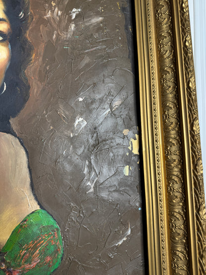 Vintage Large Portrait Oil of a Gypsy Girl : Ornate Thick Gold Rare Antique Picture Frame