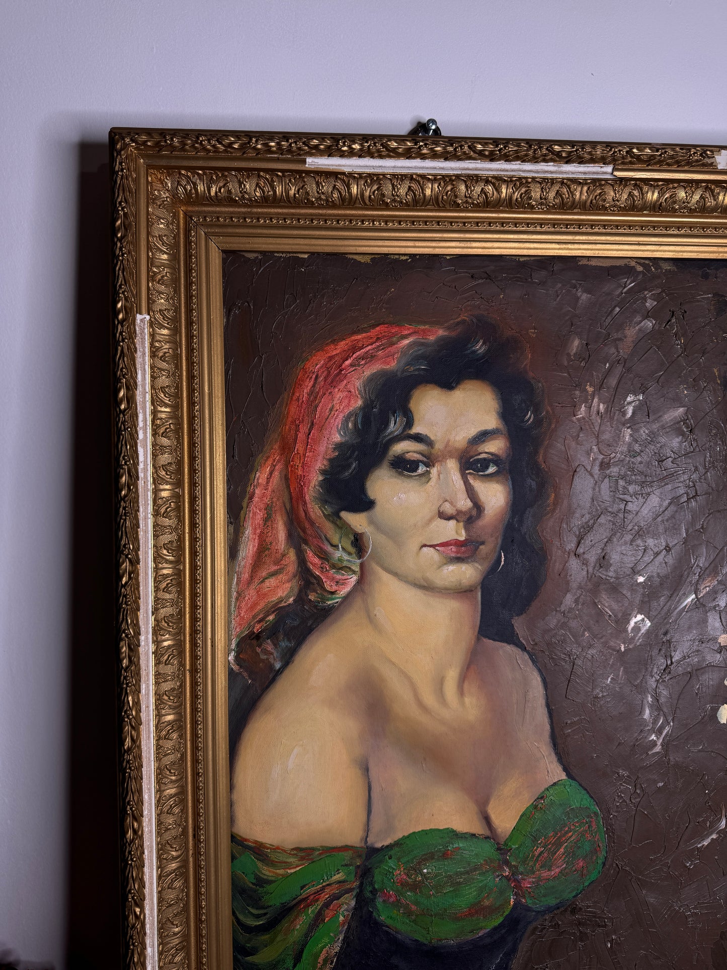 Vintage Large Portrait Oil of a Gypsy Girl : Ornate Thick Gold Rare Antique Picture Frame