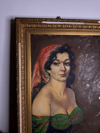 Vintage Large Portrait Oil of a Gypsy Girl : Ornate Thick Gold Rare Antique Picture Frame