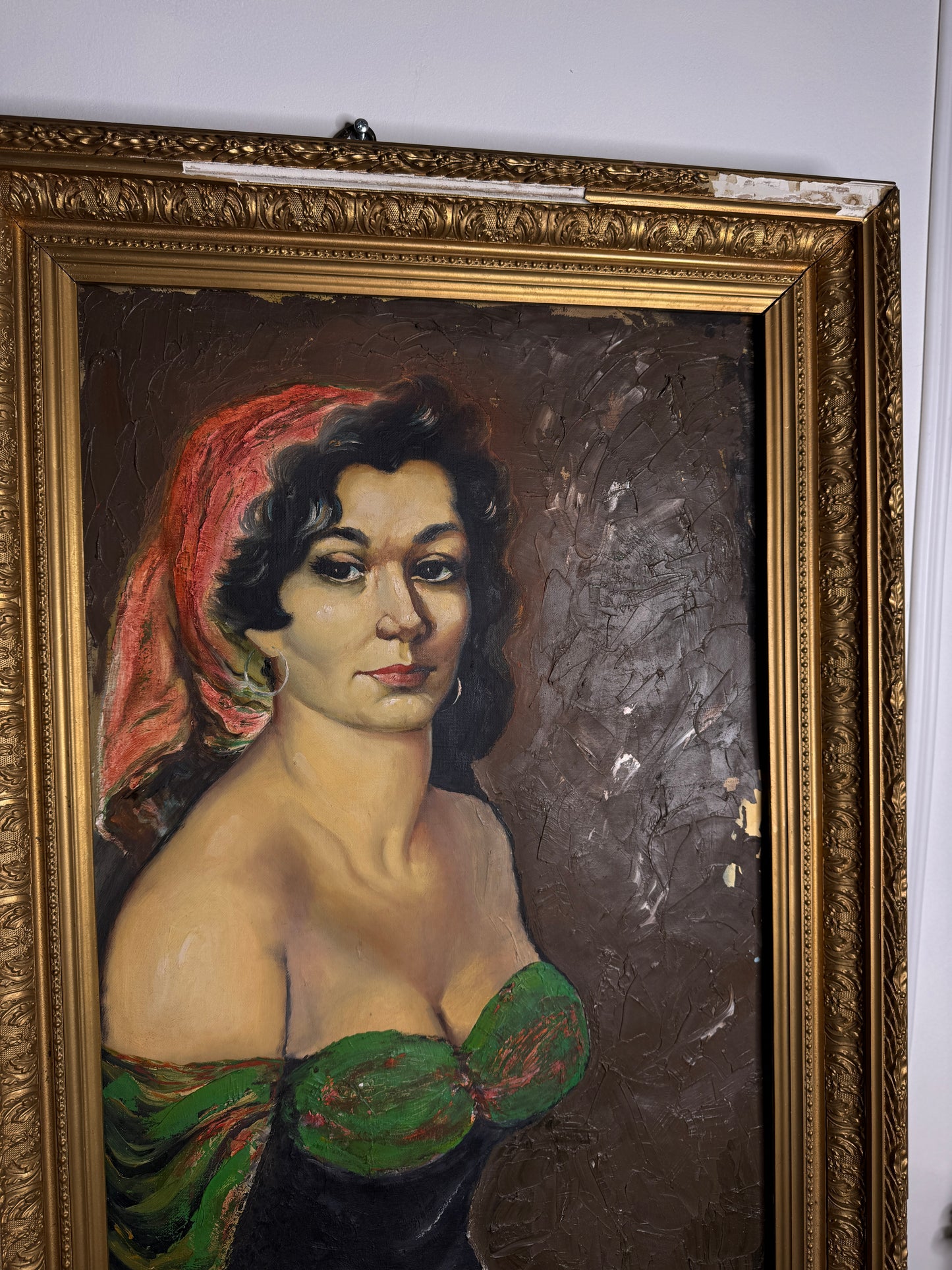 Vintage Large Portrait Oil of a Gypsy Girl : Ornate Thick Gold Rare Antique Picture Frame