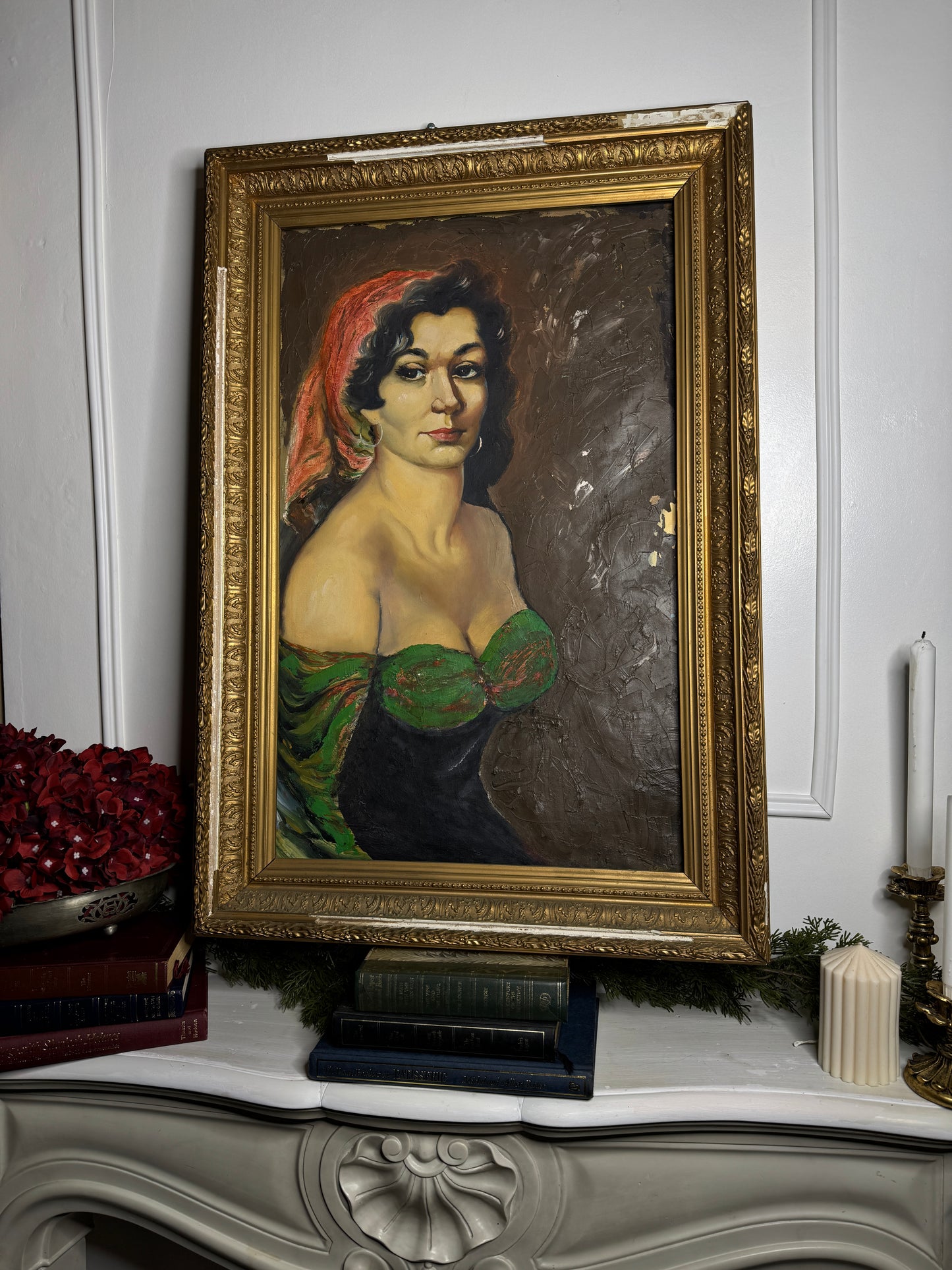 Vintage Large Portrait Oil of a Gypsy Girl : Ornate Thick Gold Rare Antique Picture Frame
