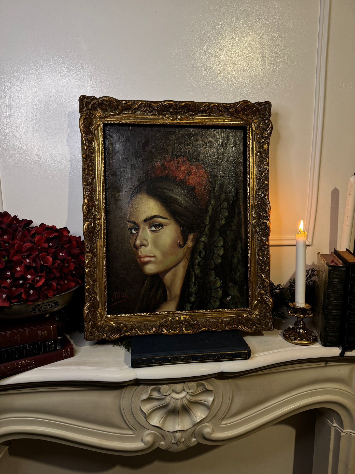 Vintage Portrait Oil Painting by Joan in Ornate Chippendale Gold Rare Antique Picture Frame