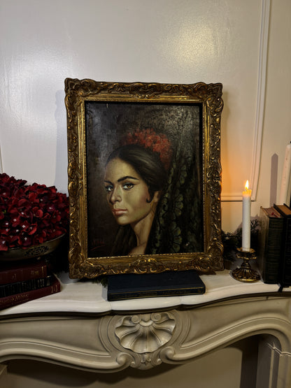 Vintage Portrait Oil Painting by Joan in Ornate Chippendale Gold Rare Antique Picture Frame