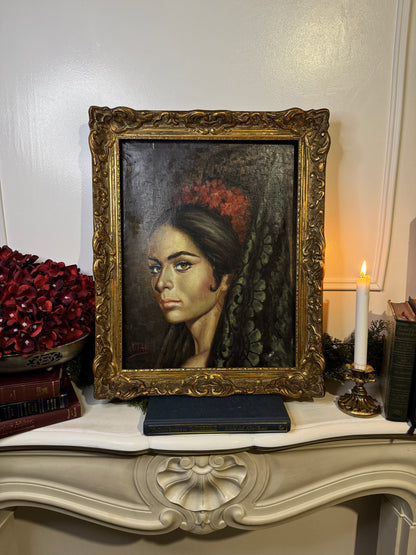 Vintage Portrait Oil Painting by Joan in Ornate Chippendale Gold Rare Antique Picture Frame