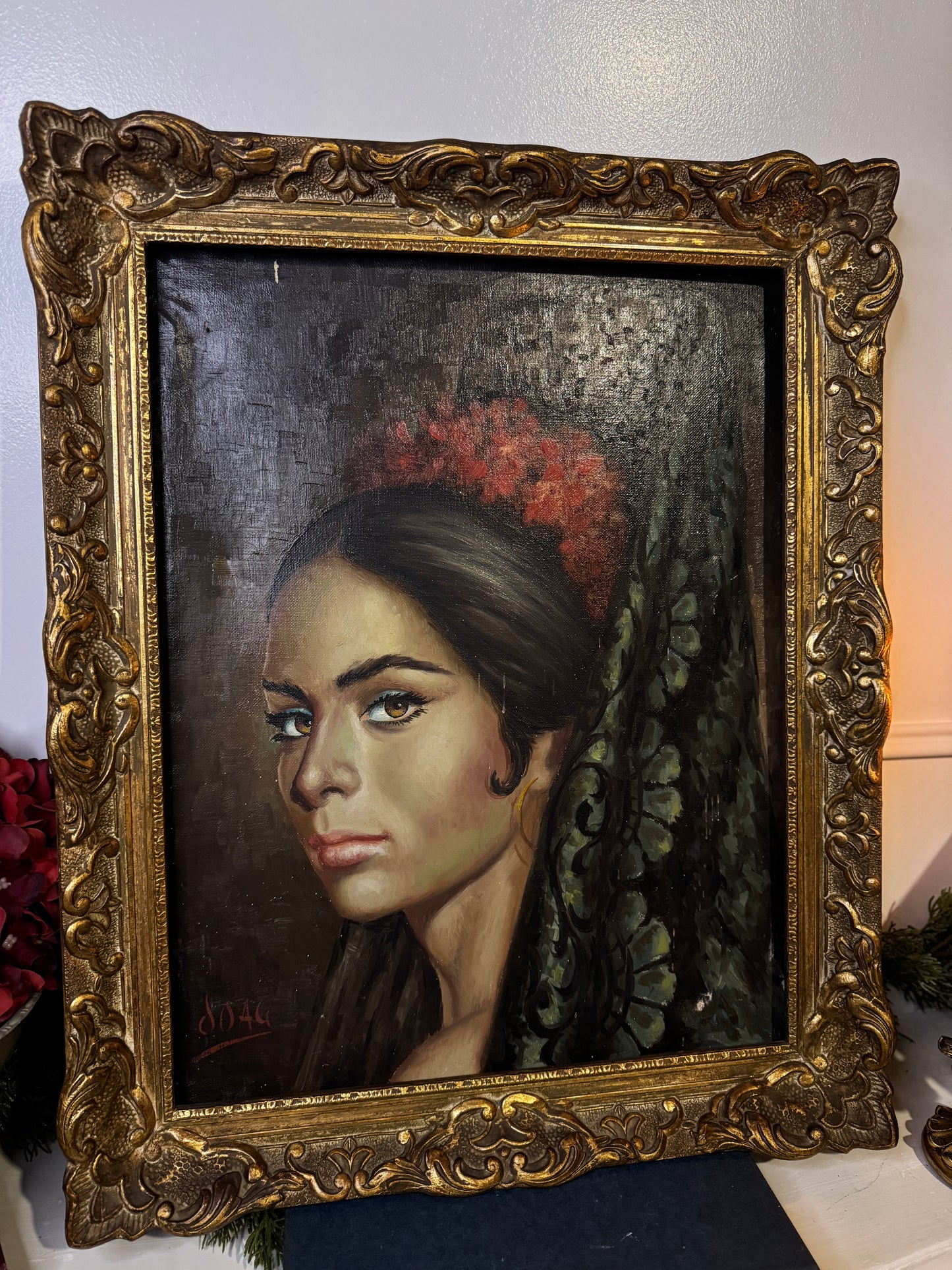 Vintage Portrait Oil Painting by Joan in Ornate Chippendale Gold Rare Antique Picture Frame