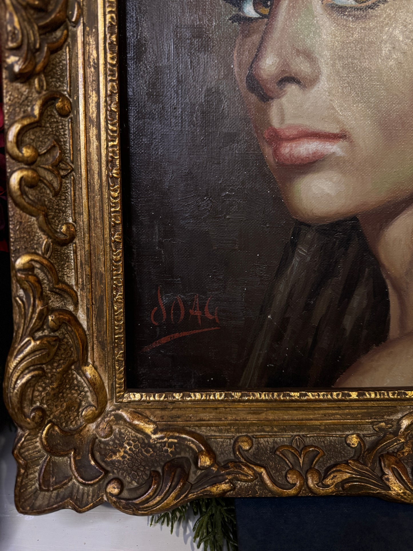 Vintage Portrait Oil Painting by Joan in Ornate Chippendale Gold Rare Antique Picture Frame