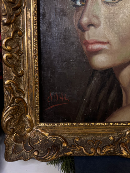 Vintage Portrait Oil Painting by Joan in Ornate Chippendale Gold Rare Antique Picture Frame