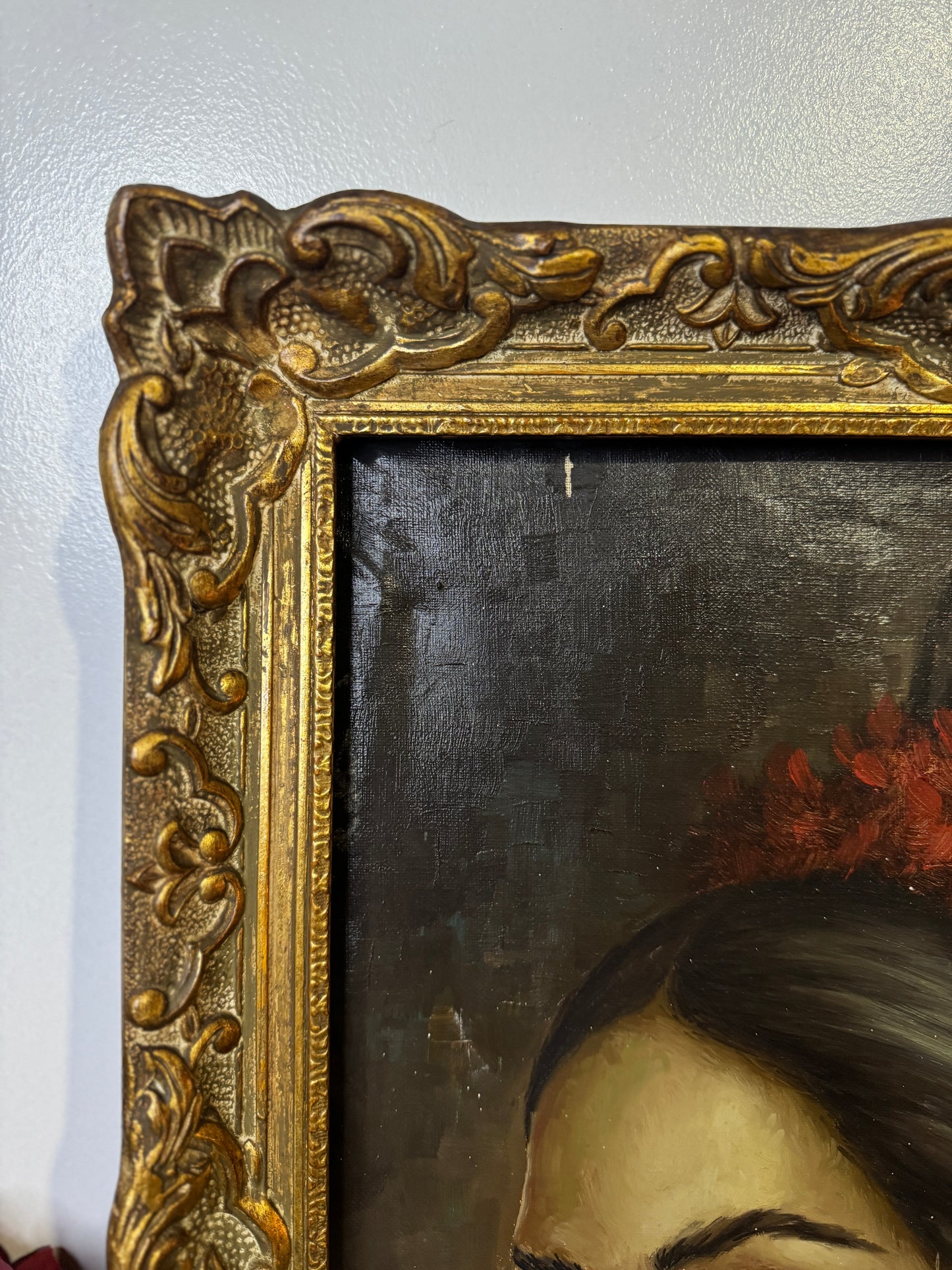 Vintage Portrait Oil Painting by Joan in Ornate Chippendale Gold Rare Antique Picture Frame