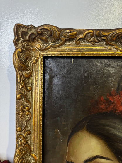 Vintage Portrait Oil Painting by Joan in Ornate Chippendale Gold Rare Antique Picture Frame