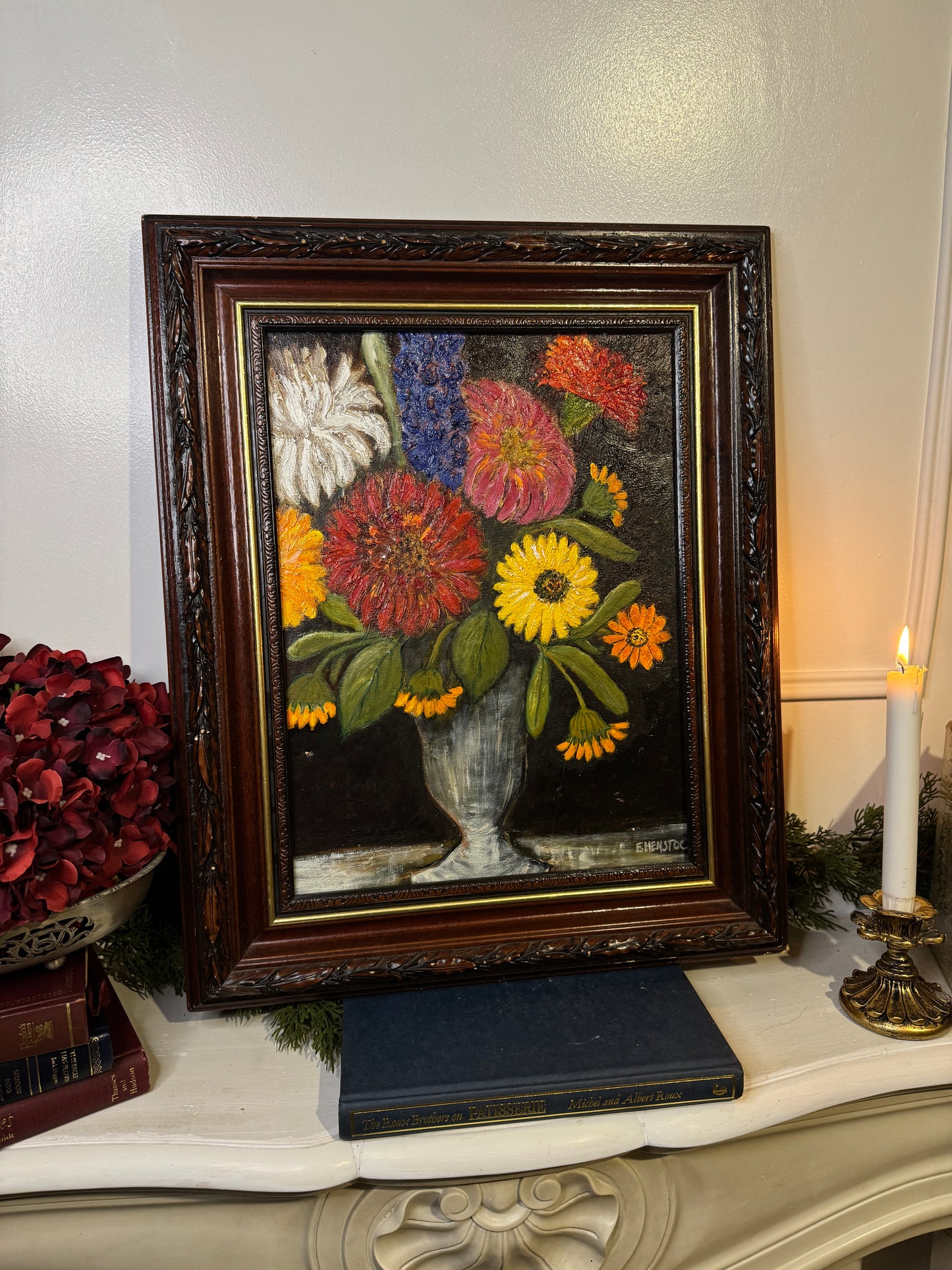 Vintage Floral Oil Painting by E. Henstock in a Carved Wooden Frame 53 x45 cm