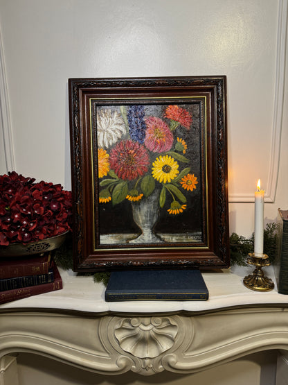 Vintage Floral Oil Painting by E. Henstock in a Carved Wooden Frame 53 x45 cm