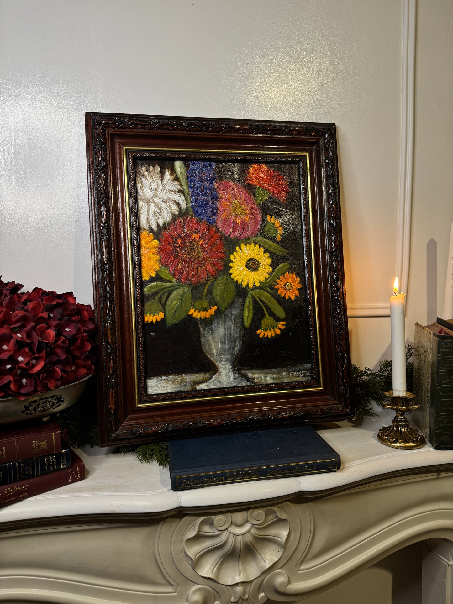 Vintage Floral Oil Painting by E. Henstock in a Carved Wooden Frame 53 x45 cm