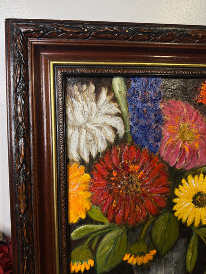 Vintage Floral Oil Painting by E. Henstock in a Carved Wooden Frame 53 x45 cm