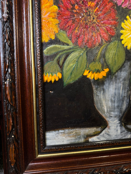 Vintage Floral Oil Painting by E. Henstock in a Carved Wooden Frame 53 x45 cm