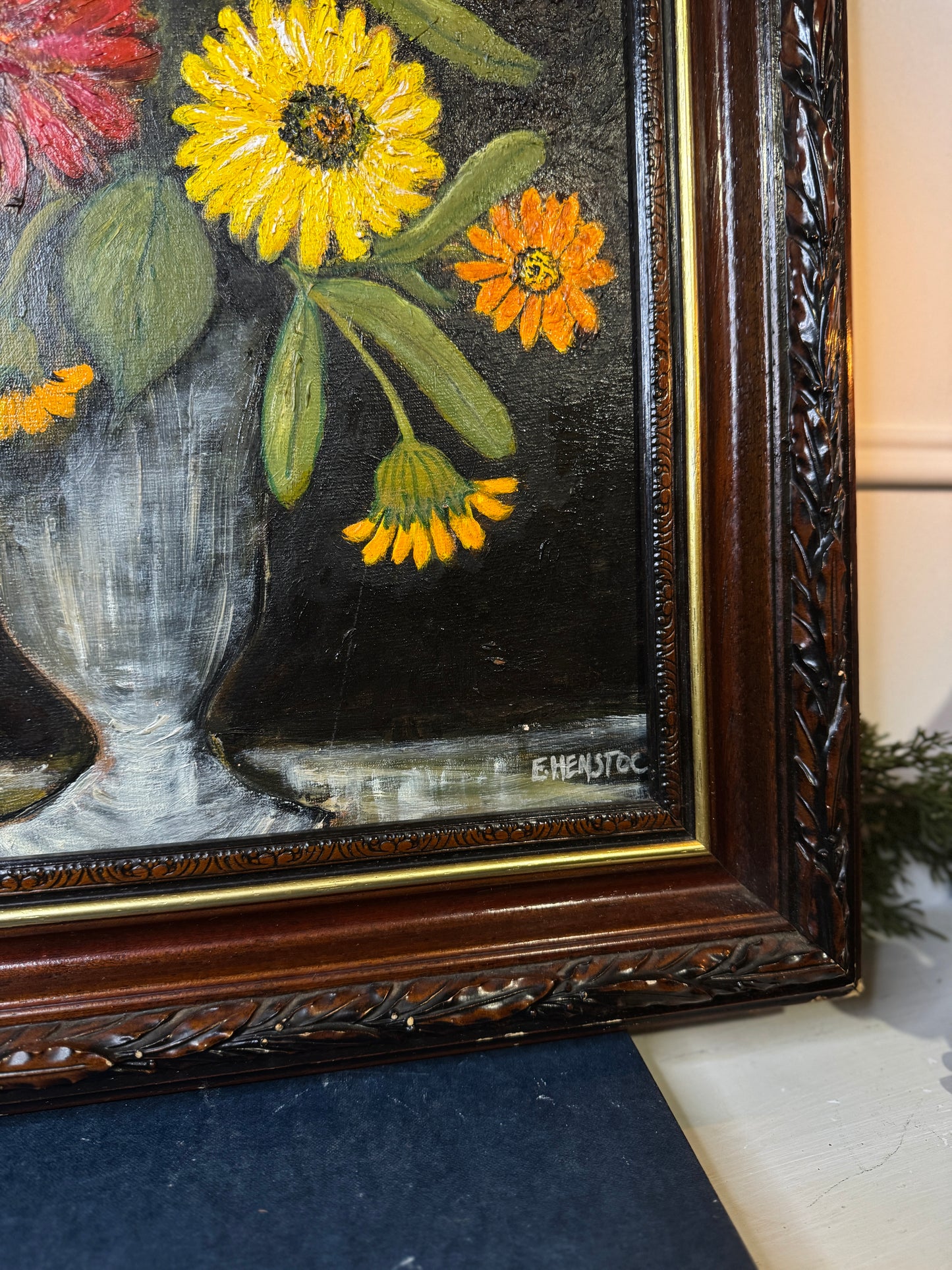 Vintage Floral Oil Painting by E. Henstock in a Carved Wooden Frame 53 x45 cm