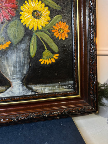 Vintage Floral Oil Painting by E. Henstock in a Carved Wooden Frame 53 x45 cm