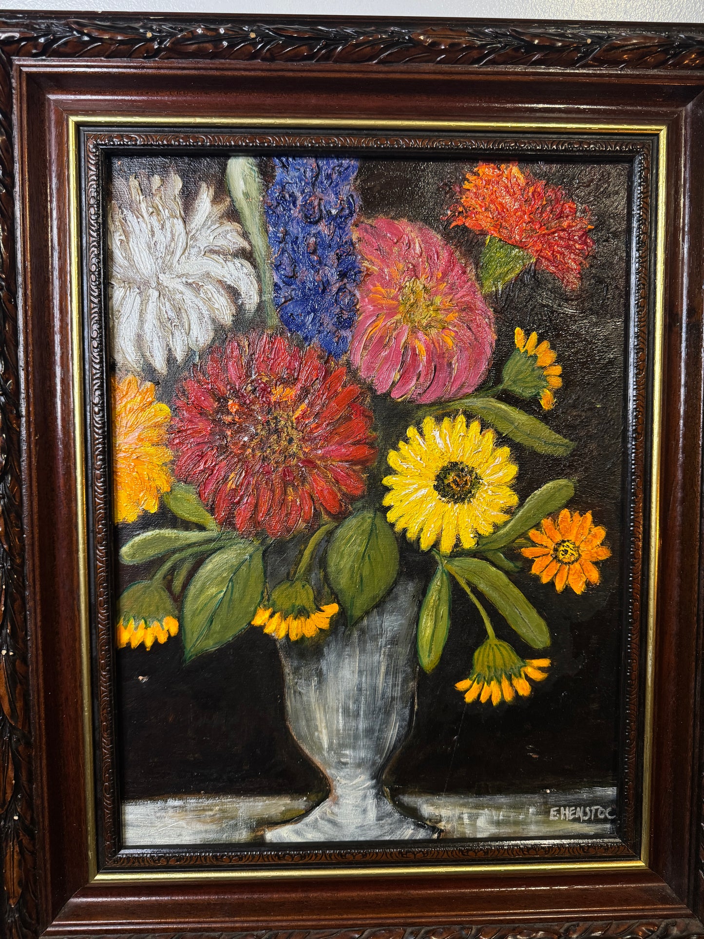 Vintage Floral Oil Painting by E. Henstock in a Carved Wooden Frame 53 x45 cm