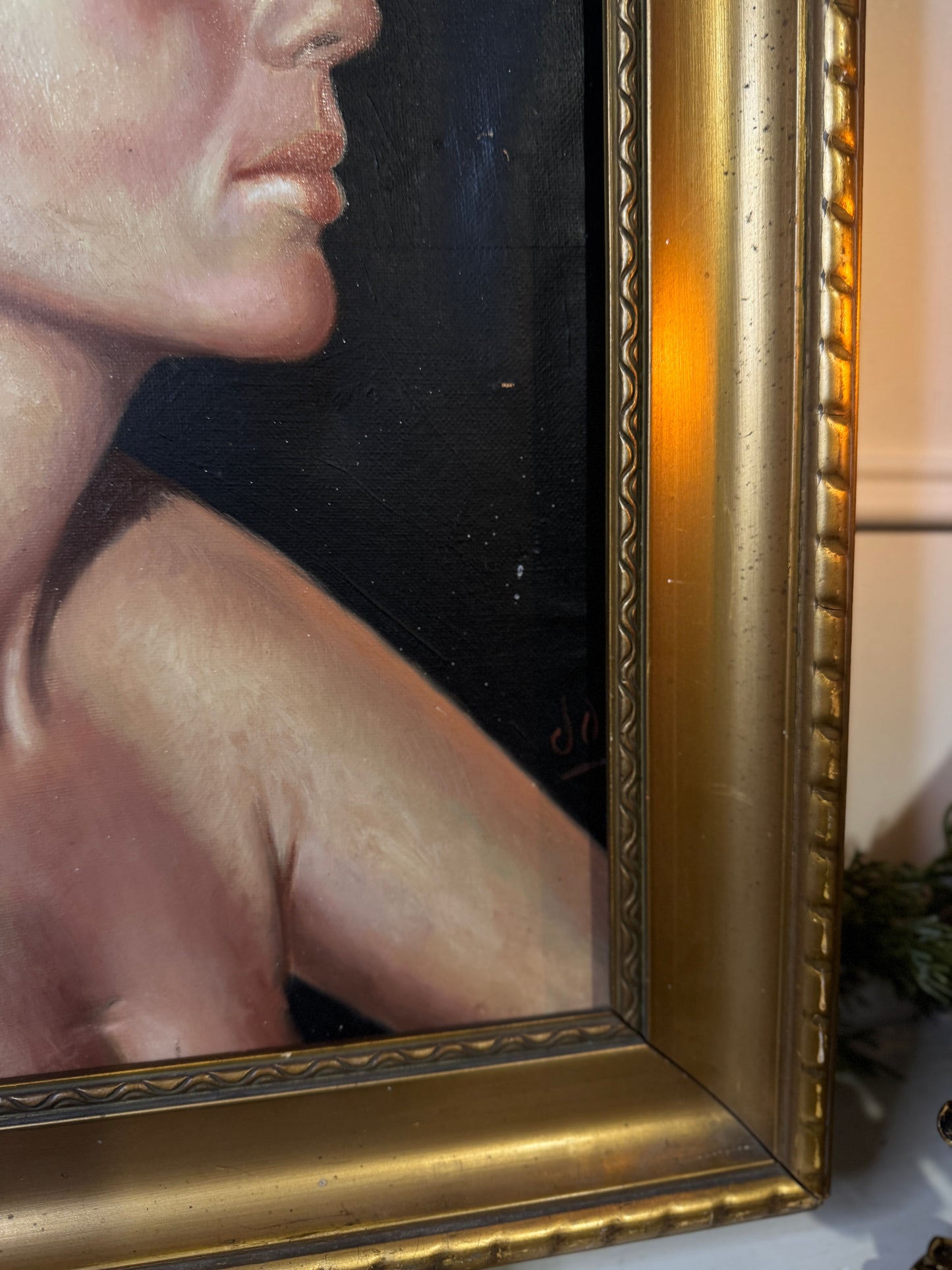 Vintage Portrait Oil Painting by Joan in Gold Gilt Vionne Frame (51x45 cm)