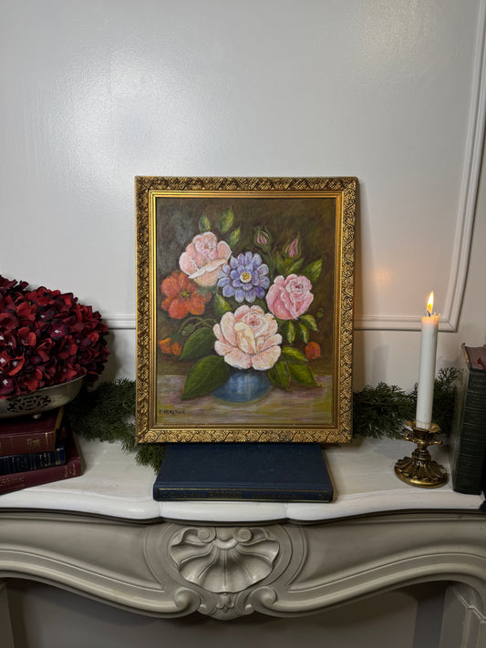 Vintage Floral Oil Painting by E. Henstock: Antique Gold Frame 43 x 35 cm