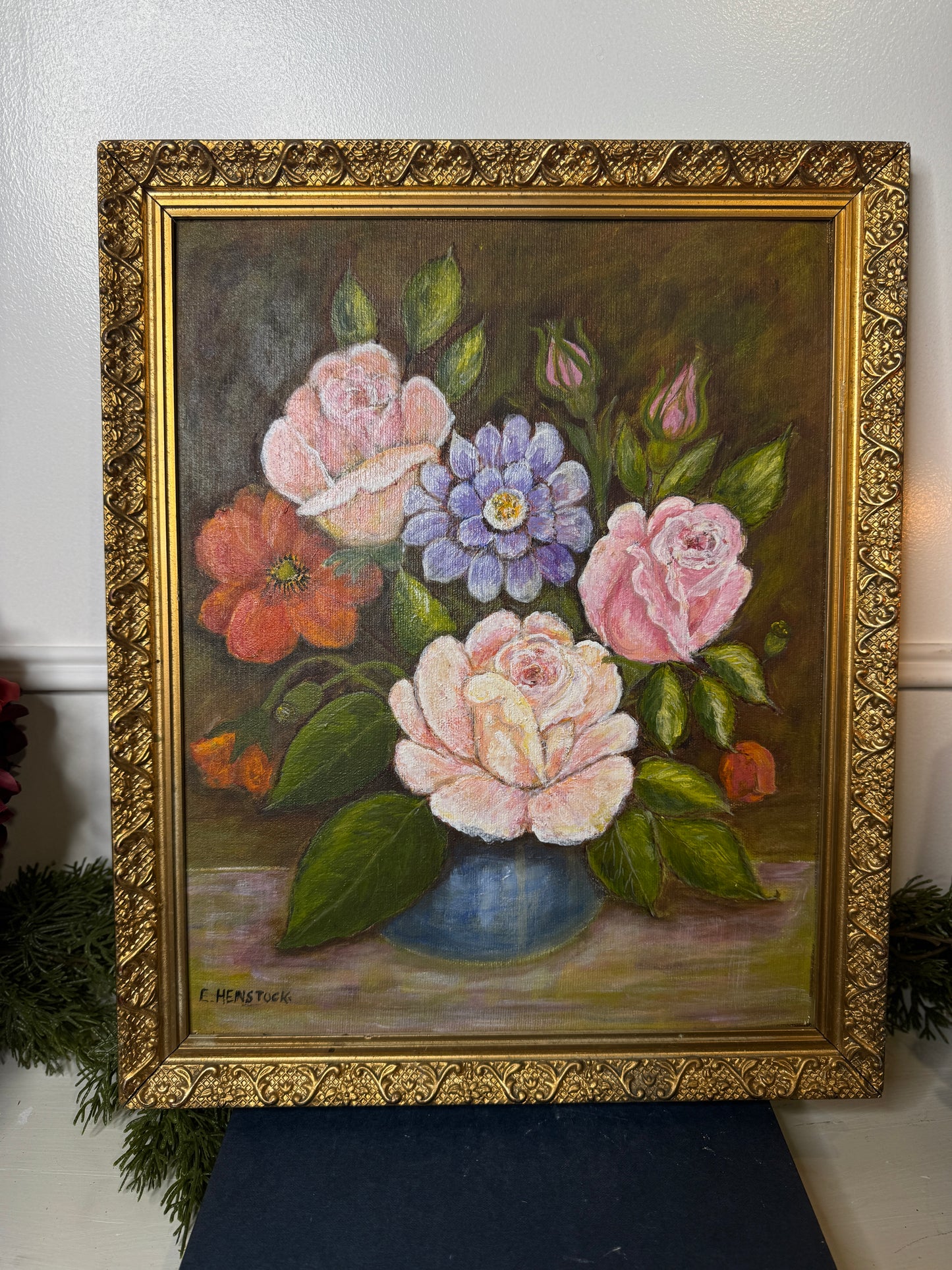 Vintage Floral Oil Painting by E. Henstock: Antique Gold Frame 43 x 35 cm