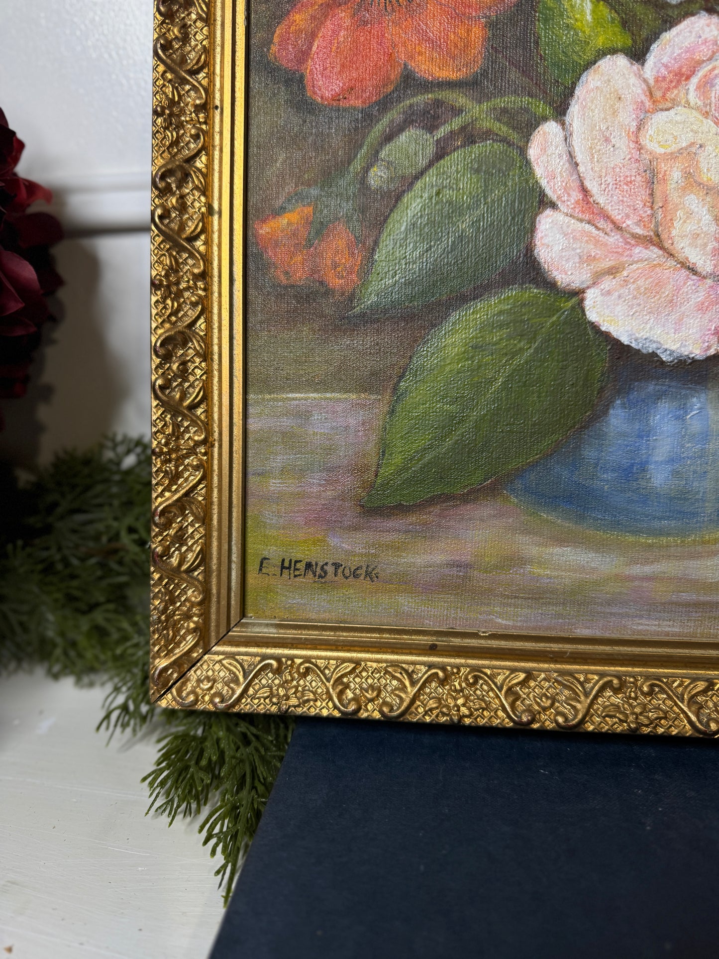 Vintage Floral Oil Painting by E. Henstock: Antique Gold Frame 43 x 35 cm