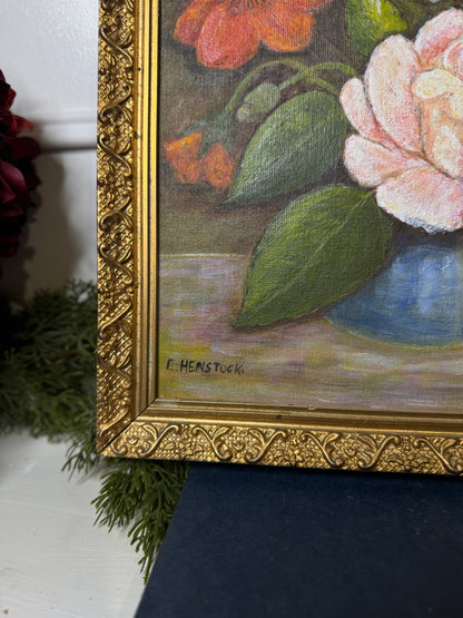 Vintage Floral Oil Painting by E. Henstock: Antique Gold Frame 43 x 35 cm