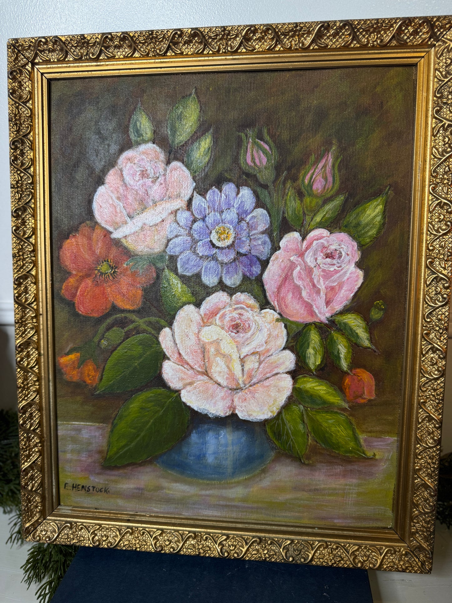 Vintage Floral Oil Painting by E. Henstock: Antique Gold Frame 43 x 35 cm