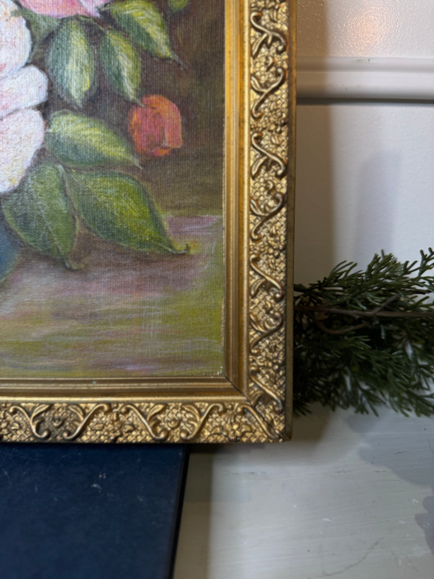 Vintage Floral Oil Painting by E. Henstock: Antique Gold Frame 43 x 35 cm